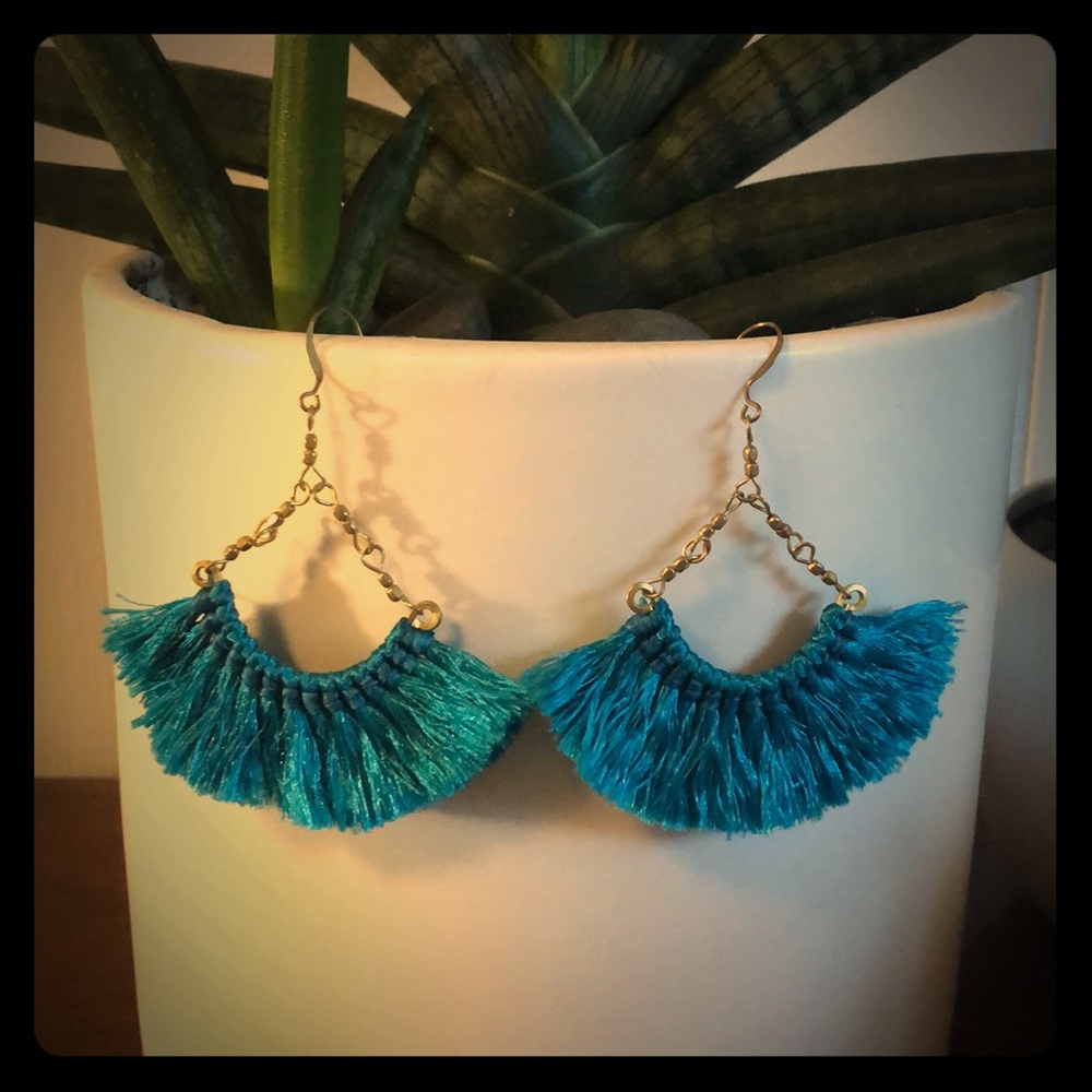 Boho turquoise fringe dangling earrings gold chain